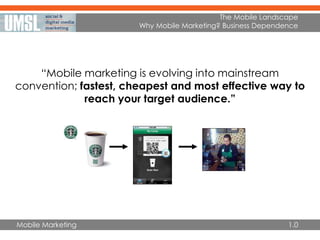 Mobile Marketing
“Mobile marketing is evolving into mainstream
convention; fastest, cheapest and most effective way to
reach your target audience.”
The Mobile Landscape
Why Mobile Marketing? Business Dependence
1.0
 