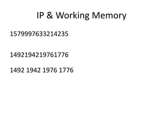 IP & Working Memory
1579997633214235

1492194219761776

1492 1942 1976 1776
 