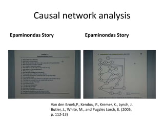 Causal network analysis
Epaminondas Story                   Epaminondas Story




               Van den Broek,P., Kendou, P., Kremer, K., Lynch, J.
               Butler, J., White, M., and Pugzles Lorch, E. (2005,
               p. 112-13)
 