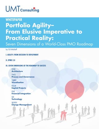 Portfolio Agility–
From Elusive Imperative to
Practical Reality:
Seven Dimensions of a World-Class PMO Roadmap
WHITEPAPER
by Gil Makleff
I. AGILITY: FROM DECISION TO DEPLOYMENT
II. EPMO 2.0
III. SEVEN DIMENSIONS OF THE ROADMAP TO SUCCESS
	 ONE
	Architecture
	 TWO
	 Process and Governance
	 THREE
	 Visualization
	 FOUR
	 Capital Projects
	 FIVE
	 Financial Integration
	 SIX
	 Technology
	 SEVEN
	 Change Management
 