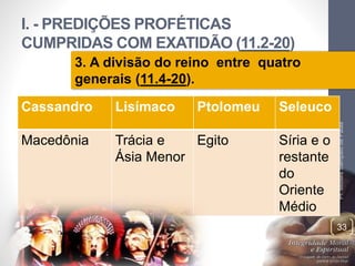 I. - PREDIÇÕES PROFÉTICAS 
CUMPRIDAS COM EXATIDÃO (11.2-20) 
Pr. Moisés Sampaio de Paula 
33 
3. A divisão do reino entre quatro 
generais (11.4-20). 
Cassandro Lisímaco Ptolomeu Seleuco 
Macedônia Trácia e 
Ásia Menor 
Egito Síria e o 
restante 
do 
Oriente 
Médio 
 