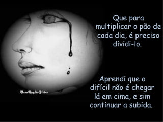 Que para multiplicar o pão de cada dia, é preciso dividi-lo.  Aprendi que o difícil não é chegar lá em cima, e sim continuar a subida.  