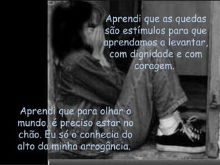 Aprendi que as quedas são estímulos para que aprendamos a levantar, com dignidade e com coragem.  Aprendi que para olhar o mundo, é preciso estar no chão. Eu só o conhecia do alto da minha arrogância.  