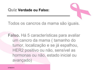 27/08/2015
Quiz Verdade ou Falso:
Todos os cancros da mama são iguais.
Falso. Há 5 características para avaliar
um cancro da mama ( tamanho do
tumor, localização e se já espalhou,
HER2 positivo ou não, sensível as
hormonas ou não, estado inicial ou
avançado)
 