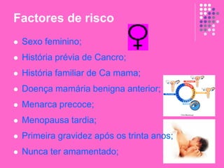 Factores de risco
 Sexo feminino;
 História prévia de Cancro;
 História familiar de Ca mama;
 Doença mamária benigna anterior;
 Menarca precoce;
 Menopausa tardia;
 Primeira gravidez após os trinta anos;
 Nunca ter amamentado;
 