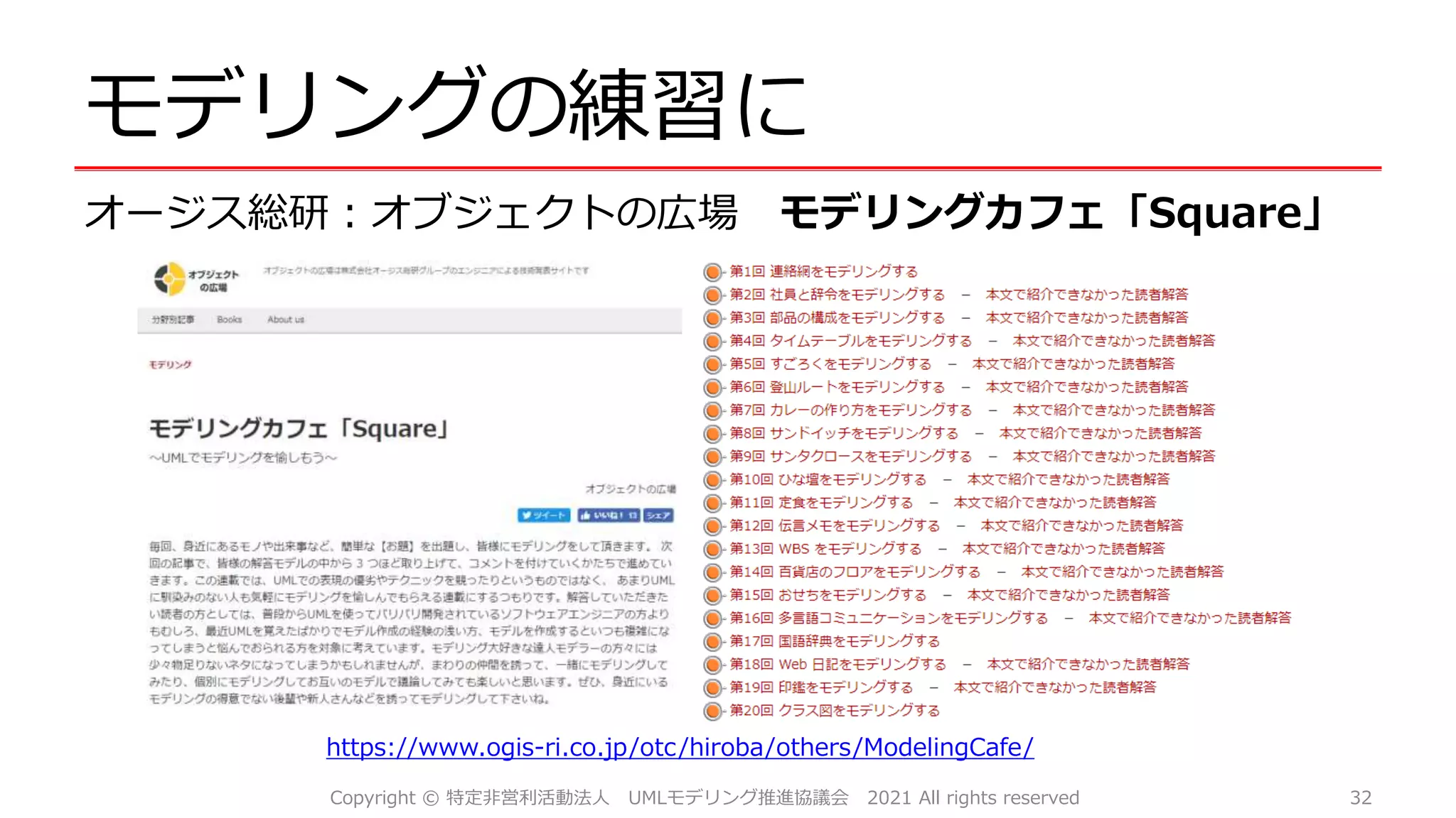 モデリングの練習に
オージス総研：オブジェクトの広場 モデリングカフェ「Square」
Copyright © 特定非営利活動法人 UMLモデリング推進協議会 2021 All rights reserved 32
https://www.ogis-ri.co.jp/otc/hiroba/others/ModelingCafe/
 