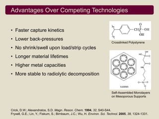Advantages Over Competing Technologies


• Faster capture kinetics
• Lower back-pressures
                                                                          Crosslinked Polystyrene
• No shrink/swell upon load/strip cycles
• Longer material lifetimes
• Higher metal capacities
• More stable to radiolytic decomposition


                                                                          Self-Assembled Monolayers
                                                                          on Mesoporous Supports



Crick, D.W.; Alexandratos, S.D. Magn. Reson. Chem. 1994, 32, S40-S44.
Fryxell, G.E.; Lin, Y.; Fiskum, S.; Birnbaum, J.C.; Wu, H. Environ. Sci. Technol. 2005, 39, 1324-1331.
 