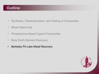 Outline


• Synthesis, Characterization, and Testing of Composites

• Mixed Silane Gel

• Phosphorous Based Ligand Composites

• Rare Earth Element Recovery

• Berkeley Pit Lake Metal Recovery
 
