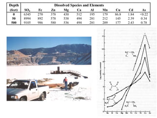 Depth                   Dissolved Species and Elements
(feet)   SO4    Fe    Zn     Mg      Ca      Al      Mn     Cu     Cd      As
   0     6345   270   378    430     512     195     179   86.8   1.84   <0.22
  50     8994   892   578    538     494     281     212   145    2.39    0.34
 500     9105   986   580    536     494     281     209   177    2.43    0.78
 