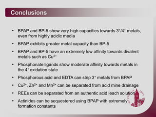 Conclusions

• BPAP and BP-5 show very high capacities towards 3+/4+ metals,
  even from highly acidic media
• BPAP exhibits greater metal capacity than BP-5
• BPAP and BP-5 have an extremely low affinity towards divalent
  metals such as Cu2+
• Phosphonate ligands show moderate affinity towards metals in
  the 4+ oxidation state
• Phosphorous acid and EDTA can strip 3+ metals from BPAP
• Cu2+, Zn2+ and Mn2+ can be separated from acid mine drainage
• REEs can be separated from an authentic acid leach solution
• Actinides can be sequestered using BPAP with extremely        high
  formation constants
 