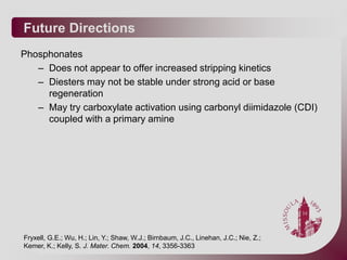 Future Directions
Phosphonates
   – Does not appear to offer increased stripping kinetics
   – Diesters may not be stable under strong acid or base
     regeneration
   – May try carboxylate activation using carbonyl diimidazole (CDI)
     coupled with a primary amine




Fryxell, G.E.; Wu, H.; Lin, Y.; Shaw, W.J.; Birnbaum, J.C., Linehan, J.C.; Nie, Z.;
Kemer, K.; Kelly, S. J. Mater. Chem. 2004, 14, 3356-3363
 
