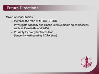 Future Directions

Mixed Anchor Studies
   – Increase the ratio of MTCS:CPTCS
   – Investigate capacity and kinetic improvements on composites
      such as CuWRAM and WP-4
   – Possibly try propyltrichlorosilane
      (longevity testing using EDTA strip)
 