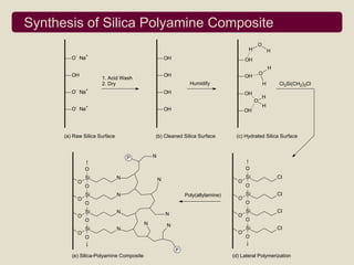 Synthesis of Silica Polyamine Composite
                                                                                             O
                                                                                         H           H
          -       +
         O Na                                         OH                                OH
                                                                                                     H
         OH                                           OH                                         O
                       1. Acid Wash                                                     OH
                       2. Dry                                    Humidify                        H       Cl3Si(CH2)3Cl
          -       +
         O Na                                         OH                                OH
                                                                                                 H
                                                                                             O
          -       +                                                                              H
         O Na                                         OH                                OH




      (a) Raw Silica Surface                  (b) Cleaned Silica Surface           (c) Hydrated Silica Surface



                                   P          N

                  O                                                                     O
                  Si           N                  N                                     Si               Cl
              O                                                                     O
                  O                                                                     O
                  Si           N                               Poly(allylamine)         Si               Cl
              O                                                                     O
                  O                                                                     O
                  Si           N                                                        Si               Cl
              O                                       N                             O
                  O                                                                     O
                                          N           N
                  Si           N                                                        Si               Cl
              O                                                                     O
                  O                                                                     O

                                                           P
         (e) Silica-Polyamine Composite                                           (d) Lateral Polymerization
 