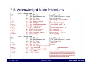 Alexander SeifarthCONFIDENTIAL - DRAFTJune 1, 200556
3.5. Acknowledged Mode Procedures
| 2.2 FP: Transport Block |
|0010---- |2.2.1 MAC: C/T Field |Logical Channel 3 |
| |2.2.2 MAC: Target Channel Type |DCCH (Dedicated Control Channel) |
| |2.2.3 MAC: RLC Mode |Acknowledge Mode |
|----1--- |2.2.4 RLC: Data/Control |Acknowledged mode data PDU |
|**b12*** |2.2.5 RLC: Sequence Number |2 |
|-1------ |2.2.6 RLC: Polling Bit |Request a status report |
|--01---- |2.2.7 RLC: Header extension type |Octet contains LI and E bit |
|***b7*** |2.2.8 RLC: Length Indicator |9 |
|---1---- |2.2.9 RLC: Extension Bit |The next field is LI and E bit |
|***b7*** |2.2.10 RLC: Length Indicator |Rest is padding |
|---0---- |2.2.11 RLC: Extension Bit |The next field is data |
|**b72*** |2.2.12 RLC: Last Data Segment |df d9 4c ed 0d 21 31 f1 10 |
|**b40*** |2.2.13 RLC: Padding |00 00 00 00 00 |
| 2.2 FP: Transport Block |
|0010---- |2.2.1 MAC: C/T Field |Logical Channel 3 |
| |2.2.2 MAC: Target Channel Type |DCCH (Dedicated Control Channel) |
| |2.2.3 MAC: RLC Mode |Acknowledge Mode |
|----0--- |2.2.4 RLC: Data/Control |Control PDU |
|-----000 |2.2.5 RLC: PDU Type |STATUS |
| |2.2.6 RLC: Acknowledgement Super Field |
|0010---- |2.2.6.1 RLC: SUFI Type |Acknowledgement |
|**b12*** |2.2.6.2 RLC: Last Sequence Number |3 |
| |2.2.7 RLC: Padding |
|**b124** |2.2.7.1 RLC: Padding |'000000000000000000000000000000000'B |
| | |'000000000000000000000000000000000'B |
| | |'000000000000000000000000000000000'B |
| | |'0000000000000000000000000'B |
 