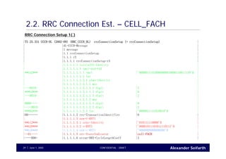 Alexander SeifarthCONFIDENTIAL - DRAFTJune 1, 200529
2.2. RRC Connection Est. – CELL_FACH
|TS 25.331 CCCH-DL (2002-09) (RRC_CCCH_DL) rrcConnectionSetup (= rrcConnectionSetup) |
| |dL-CCCH-Message |
| |1 message |
| |1.1 rrcConnectionSetup |
| |1.1.1 r3 |
| |1.1.1.1 rrcConnectionSetup-r3 |
| |1.1.1.1.1 initialUE-Identity |
| |1.1.1.1.1.1 tmsi-and-LAI |
|**b32*** |1.1.1.1.1.1.1 tmsi |'00000111010000000010000110011110'B |
| |1.1.1.1.1.1.2 lai |
| |1.1.1.1.1.1.2.1 plmn-Identity |
| |1.1.1.1.1.1.2.1.1 mcc |
|---0010- |1.1.1.1.1.1.2.1.1.1 digit |2 |
|***b4*** |1.1.1.1.1.1.2.1.1.2 digit |6 |
|---0010- |1.1.1.1.1.1.2.1.1.3 digit |2 |
| |1.1.1.1.1.1.2.1.2 mnc |
|0000---- |1.1.1.1.1.1.2.1.2.1 digit |0 |
|----0010 |1.1.1.1.1.1.2.1.2.2 digit |2 |
|***B2*** |1.1.1.1.1.1.2.2 lac |'0000011111010010'B |
|00------ |1.1.1.1.2 rrc-TransactionIdentifier |0 |
| |1.1.1.1.3 new-U-RNTI |
|**b12*** |1.1.1.1.3.1 srnc-Identity |'010111110000'B |
|**b20*** |1.1.1.1.3.2 s-RNTI |'00001011101011110111'B |
|**b16*** |1.1.1.1.4 new-c-RNTI |'0000000000000000'B |
|--01---- |1.1.1.1.5 rrc-StateIndicator |cell-FACH |
|----000- |1.1.1.1.6 utran-DRX-CycleLengthCoeff |3 |
RRC Connection Setup 1( )
 