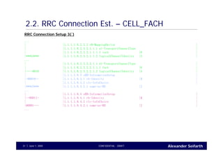 Alexander SeifarthCONFIDENTIAL - DRAFTJune 1, 200531
2.2. RRC Connection Est. – CELL_FACH
RRC Connection Setup 3( )
...
| |1.1.1.1.8.2.3.2 rB-MappingOption |
| |1.1.1.1.8.2.3.2.1.1.1 ul-TransportChannelType |
| |1.1.1.1.8.2.3.2.1.1.1.1 rach |0 |
|***b4*** |1.1.1.1.8.2.3.2.1.1.2 logicalChannelIdentity |3 |
...
| |1.1.1.1.8.2.3.2.2.1.1 dl-TransportChannelType |
| |1.1.1.1.8.2.3.2.2.1.1.1 fach |0 |
|----0010 |1.1.1.1.8.2.3.2.2.1.2 logicalChannelIdentity |3 |
| |1.1.1.1.8.3 sRB-InformationSetup |
|-00010-- |1.1.1.1.8.3.1 rb-Identity |3 |
| |1.1.1.1.8.3.2 rlc-InfoChoice |
|***b5*** |1.1.1.1.8.3.2.1 same-as-RB |2
...
| |1.1.1.1.8.4 sRB-InformationSetup |
|--00011- |1.1.1.1.8.4.1 rb-Identity |4 |
| |1.1.1.1.8.4.2 rlc-InfoChoice |
|00001--- |1.1.1.1.8.4.2.1 same-as-RB |2 |
...
 