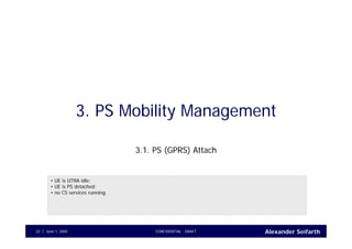 Alexander SeifarthJune 1, 2005 CONFIDENTIAL - DRAFT22
3. PS Mobility Management
3.1. PS (GPRS) Attach
• UE is UTRA idle;
• UE is PS detached;
• no CS services running
 