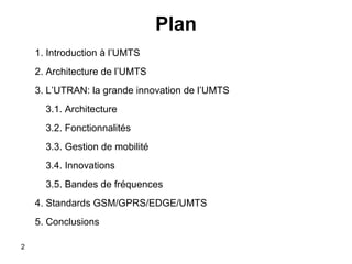 Plan 1. Introduction à l’UMTS 2. Architecture de l’UMTS 3. L’UTRAN: la grande innovation de l’UMTS 3.1. Architecture 3.2. Fonctionnalités 3.3. Gestion de mobilité 3.4. Innovations 3.5. Bandes de   fréquences  4. Standards GSM/GPRS/EDGE/UMTS 5. Conclusions 