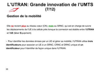 L’UTRAN: Grande innovation de l’UMTS  (7/12) Gestion de la mobilité Elle  ne  revient  plus  au réseau cœur (CN),  mais  au SRNC, qui est en charge de suivre les déplacements de l’UE à la cellule près lorsque la connexion est établie entre l’ UTRAN  et l’ UE  ( U ser  E quipment) -  Pour identifier les données émises par un UE et gérer sa mobilité, l’UTRAN utilise  trois   identificateurs  pour associer un UE à un SRNC, CRNC et DRNC unique et  un   identificateur  pour l’identifier de façon unique dans l’UTRAN. 