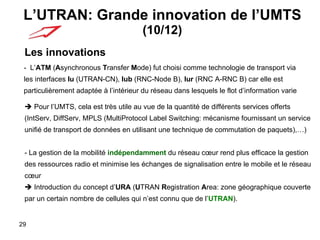 L’UTRAN: Grande innovation de l’UMTS  (10/12) Les innovations -  L’ ATM  ( A synchronous  T ransfer  M ode) fut choisi comme technologie de transport via les interfaces  Iu  (UTRAN-CN),  Iub  (RNC-Node B),  Iur  (RNC A-RNC B) car elle est particulièrement adaptée à l’intérieur du réseau dans lesquels le flot d’information varie    Pour l’UMTS, cela est très utile au vue de la quantité de différents services offerts   (IntServ, DiffServ, MPLS ( MultiProtocol Label Switching : mécanisme fournissant un service unifié de transport de données en utilisant une technique de commutation de paquets),…) - La gestion de la mobilité  indépendamment  du réseau cœur rend plus efficace la gestion des ressources radio et minimise les échanges de signalisation entre le mobile et le réseau cœur     Introduction du concept d’ URA  ( U TRAN  R egistration  A rea:  zone géographique couverte par un certain nombre de cellules qui n’est connu que de l’ UTRAN ).  