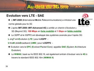 Au-delà du 3G  (2/3) Evolution vers LTE - SAE    L’ IMT-2000  ( I nternational  M obile  T elecommunications) a introduit une norme globale pour le 3G    L’après  IMT-2000  ( IMT-Advanced   4G ) a arrêté un chemin d’évolution pour l’après 3G (Beyond 3G):  100   Mbps  en  forte   mobilité  et  1 Gbps  en  faible   mobilité    Le 3GPP et le 3GPP2 ont développé des systèmes avancés pour l’après 3G:   -  L ong  T erm  E volution ( LTE ) pour le  3GPP -  U ltra  M obile  B roadband ( UMB ) pour le  3GPP2    Evolution vers le  EPC  ( E volved  P acket  C ore): appelée  SAE  ( S ystem  A rchitecture  E volution)    Le  WiMAX , basé sur le IEEE 802.16, est également entrain d’évoluer vers le  4G  à travers le standard IEEE 802.16m ( WiMAX   II ) 