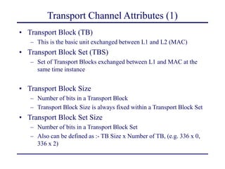 Transport Channel Attributes (1)
• Transport Block (TB)
– This is the basic unit exchanged between L1 and L2 (MAC)
• Transport Block Set (TBS)
– Set of Transport Blocks exchanged between L1 and MAC at the
same time instance
• Transport Block Size
– Number of bits in a Transport Block
– Transport Block Size is always fixed within a Transport Block Set
• Transport Block Set Size
– Number of bits in a Transport Block Set
– Also can be defined as :- TB Size x Number of TB, (e.g. 336 x 0,
336 x 2)
 