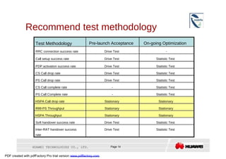 Recommend test methodology  Test Methodology  Pre-launch Acceptance  On-going Optimization  RRC connection success rate  Drive Test  -  Call setup success rate  Drive Test  Statistic Test  PDP activation success rate  Drive Test  Statistic Test  CS Call drop rate  Drive Test  Statistic Test  PS Call drop rate  Drive Test  Statistic Test  CS Call complete rate  -  Statistic Test  PS Call Complete rate  -  Statistic Test  HSPA Call drop rate  Stationary  Stationary  R99 PS Throughput  Stationary  Stationary  HSPA Throughput  Stationary  Stationary  Soft handover success rate  Drive Test  Statistic Test  Inter-RAT handover success  Drive Test  Statistic Test  rate  HUAWEI TECHNOLOGIES CO., LTD.  Page 14  PDF created with pdfFactory Pro trial version  www.pdffactory.com  