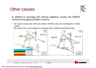 Other causes  In addition to coverage and missing neighbour causes, the HSDPA minimum throughput problem is due to:  •   DT route crosses the IUR area where HSDPA calls are reconfigured to DCH (H2D)  •   UE moves from a non-hotspot to a hotspot site in HSDPA connected mode  RNC 122  RNC 123  RNC 122  RNC 123  RNC 121  RNC 121  HUAWEI TECHNOLOGIES CO., LTD.  Page 38  PDF created with pdfFactory Pro trial version  www.pdffactory.com  