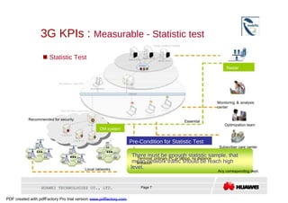 3G KPIs :  Measurable - Statistic test     Statistic Test  Nastar  server  Monitoring & analysis center  Recommended for security  Essential  Optimization team  OM system  Pre-Condition for Statistic Test  Subscriber care center  There must be enough statistic sample, that  Terminal: ordinary PC or laptop, no distance  mean network traffic should be reach high  limitation  level.  Local networks  Any corresponding dept.  HUAWEI TECHNOLOGIES CO., LTD.  Page 7  PDF created with pdfFactory Pro trial version  www.pdffactory.com  