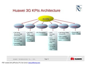 Huawei 3G KPIs Architecture  3G KPIs  Accessability  Retainability  Service Integrity  Mobility  Delay/Latency  Availability  •   Call Setup  •   Call Drop  •   PS Throughput  •   SHO  •   Call Setup Delay  •   Worst Cell  Success Rate  Rate  Success  (Voice/VP)  Rate  (Voice/VP)  (Voice/VP)  Rate  •   PDP Context  •   PDP Context  •   PDP  •   Hard  Activation Time  Activation  Context  Handover  •   RTT  Success Rate  Drop Rate  Success  Rate  •   SMS/MMS  Success Rate  •   Inter-RAT  Handover Success Rate  HUAWEI TECHNOLOGIES CO., LTD.  Page 10  PDF created with pdfFactory Pro trial version  www.pdffactory.com  
