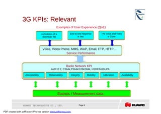 3G KPIs: Relevant  Examples of User Experience (QoE)  completion of a  End-to-end response  The voice and video  download file  is fast  is Clare  Voice, Video Phone, MMS, WAP, Email, FTP, HTTP…  Service Performance  Radio Network KPI  AMR12.2, CS64k,PS64k/128k/384k, HSDPA/HSUPA  Accessibility  Retainability  Integrity  Mobility  Utilization  Availability  Statistic / Measurement data  HUAWEI TECHNOLOGIES CO., LTD.  Page 9  PDF created with pdfFactory Pro trial version  www.pdffactory.com  