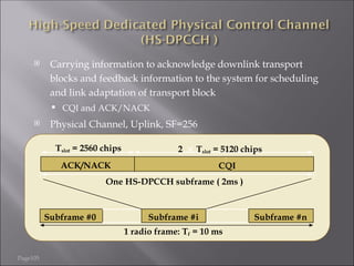Page105
 Carrying information to acknowledge downlink transport
blocks and feedback information to the system for scheduling
and link adaptation of transport block
 CQI and ACK/NACK
 Physical Channel, Uplink, SF=256
Subframe #0 Subframe #i Subframe #n
One HS-DPCCH subframe ( 2ms )
ACK/NACK
1 radio frame: Tf = 10 ms
CQI
Tslot = 2560 chips 2 Tslot = 5120 chips
 
