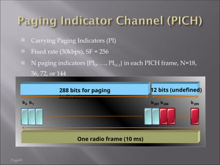 Page81
 Carrying Paging Indicators (PI)
 Fixed rate (30kbps), SF = 256
 N paging indicators {PI0, …, PIN-1} in each PICH frame, N=18,
36, 72, or 144
One radio frame (10 ms)
b1
b0
288 bits for paging
indication
12 bits (undefined)
b287 b288 b299
 