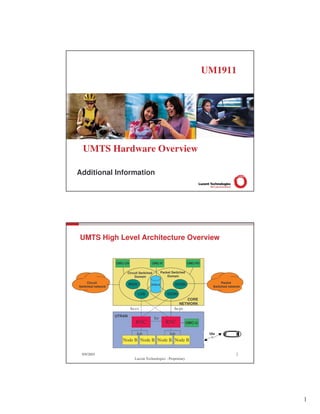 1
Additional Information
UMTS Hardware Overview
UM1911
9/9/2005
Lucent Technologies - Proprietary
2
UMTS High Level Architecture Overview
Circuit
Switched network
Packet
Switched network
Packet Switched
Domain
Circuit Switched
Domain
CORE
NETWORK
MGW GGSN
SGSNLSS
SDHLR
RNC RNC
Node B Node B Node B Node B
UTRAN
Iur
IubIub
Iu-psIu-cs
OMC-U
OMC-HOMC-CN OMC-PS
 