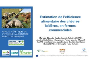 Marjorie Chassier (Idele), Isabelle Palhière (INRAE),
Apolline Bailly-Salins (Capgènes), Florian Mosnier (Master2,
ISARA), en collaboration avec Bertrand Bluet (Idele), Rachel
Rupp (INRAE) et Christophe Huau (INRAE)
Estimation de l’efficience
alimentaire des chèvres
laitières, en fermes
commerciales
This project has received funding from the European Union’s Horizon 2020 research and innovation programme under the Grant Agreement n°772787
 