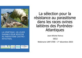 La sélection pour la
résistance au parasitisme
dans les races ovines
laitières des Pyrénées-
Atlantiques
Jean-Michel Astruc
IDELE
Webinaire UMT STAR – 1er décembre 2023
 