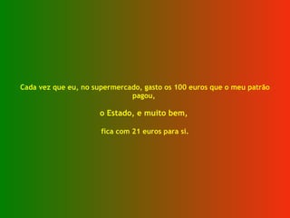 Cada vez que eu, no supermercado, gasto os 100 euros que o meu patrão pagou,  o Estado, e muito bem,  fica com 21 euros para si. 