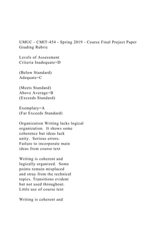 UMUC - CMIT-454 - Spring 2019 - Course Final Project Paper
Grading Rubric
Levels of Assessment
Criteria Inadequate=D
(Below Standard)
Adequate=C
(Meets Standard)
Above Average=B
(Exceeds Standard)
Exemplary=A
(Far Exceeds Standard)
Organization Writing lacks logical
organization. It shows some
coherence but ideas lack
unity. Serious errors.
Failure to incorporate main
ideas from course text
Writing is coherent and
logically organized. Some
points remain misplaced
and stray from the technical
topics. Transitions evident
but not used throughout.
Little use of course text
Writing is coherent and
 