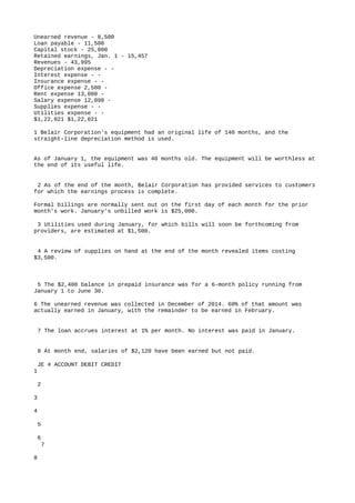 Unearned revenue - 8,500
Loan payable - 11,500
Capital stock - 25,000
Retained earnings, Jan. 1 - 15,457
Revenues - 43,995
Depreciation expense - -
Interest expense - -
Insurance expense - -
Office expense 2,500 -
Rent expense 13,000 -
Salary expense 12,098 -
Supplies expense - -
Utilities expense - -
$1,22,021 $1,22,021
1 Belair Corporation's equipment had an original life of 140 months, and the
straight-line depreciation method is used.
As of January 1, the equipment was 40 months old. The equipment will be worthless at
the end of its useful life.
2 As of the end of the month, Belair Corporation has provided services to customers
for which the earnings process is complete.
Formal billings are normally sent out on the first day of each month for the prior
month's work. January's unbilled work is $25,000.
3 Utilities used during January, for which bills will soon be forthcoming from
providers, are estimated at $1,500.
4 A review of supplies on hand at the end of the month revealed items costing
$3,500.
5 The $2,400 balance in prepaid insurance was for a 6-month policy running from
January 1 to June 30.
6 The unearned revenue was collected in December of 2014. 60% of that amount was
actually earned in January, with the remainder to be earned in February.
7 The loan accrues interest at 1% per month. No interest was paid in January.
8 At month end, salaries of $2,120 have been earned but not paid.
JE # ACCOUNT DEBIT CREDIT
1
2
3
4
5
6
7
8
 