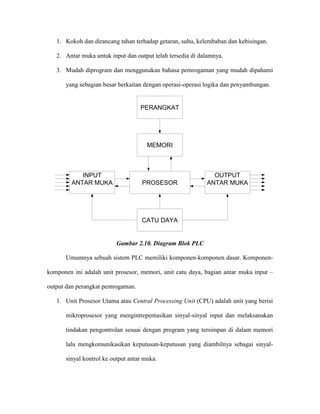 1. Kokoh dan dirancang tahan terhadap getaran, suhu, kelembaban dan kebisingan. 
2. Antar muka untuk input dan output telah tersedia di dalamnya. 
3. Mudah diprogram dan menggunakan bahasa pemrogaman yang mudah dipahami yang sebagian besar berkaitan dengan operasi-operasi logika dan penyambungan. 
PERANGKATMEMORIPROSESORCATU DAYAOUTPUTANTAR MUKAINPUTANTAR MUKA 
Gambar 2.10. Diagram Blok PLC 
Umumnya sebuah sistem PLC memiliki komponen-komponen dasar. Komponen- komponen ini adalah unit prosesor, memori, unit catu daya, bagian antar muka input – output dan perangkat pemrogaman. 
1. Unit Prosesor Utama atau Central Processing Unit (CPU) adalah unit yang berisi mikroprosesor yang mengintrepentasikan sinyal-sinyal input dan melaksanakan tindakan pengontrolan sesuai dengan program yang tersimpan di dalam memori lalu mengkomunikasikan keputusan-keputusan yang diambilnya sebagai sinyal- sinyal kontrol ke output antar muka.  