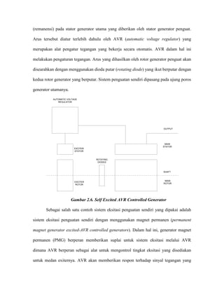 (remanensi) pada stator generator utama yang diberikan oleh stator generator penguat. Arus tersebut diatur terlebih dahulu oleh AVR (automatic voltage regulator) yang merupakan alat pengatur tegangan yang bekerja secara otomatis. AVR dalam hal ini melakukan pengaturan tegangan. Arus yang dihasilkan oleh rotor generator penguat akan disearahkan dengan menggunakan dioda putar (rotating diode) yang ikut berputar dengan kedua rotor generator yang berputar. Sistem penguatan sendiri dipasang pada ujung poros generator utamanya. 
AUTOMATIC VOLTAGEREGULATOREXCITERSTATOREXCITERROTORROTATINGDIODESSHAFTMAINROTORMAINSTATOROUTPUT 
Gambar 2.6. Self Excited AVR Controlled Generator 
Sebagai salah satu contoh sistem eksitasi penguatan sendiri yang dipakai adalah sistem eksitasi penguatan sendiri dengan menggunakan magnet permanen (permanent magnet generator excited-AVR controlled generators). Dalam hal ini, generator magnet permanen (PMG) berperan memberikan suplai untuk sistem eksitasi melalui AVR dimana AVR berperan sebagai alat untuk mengontrol tingkat eksitasi yang disediakan untuk medan exiternya. AVR akan memberikan respon terhadap sinyal tegangan yang  