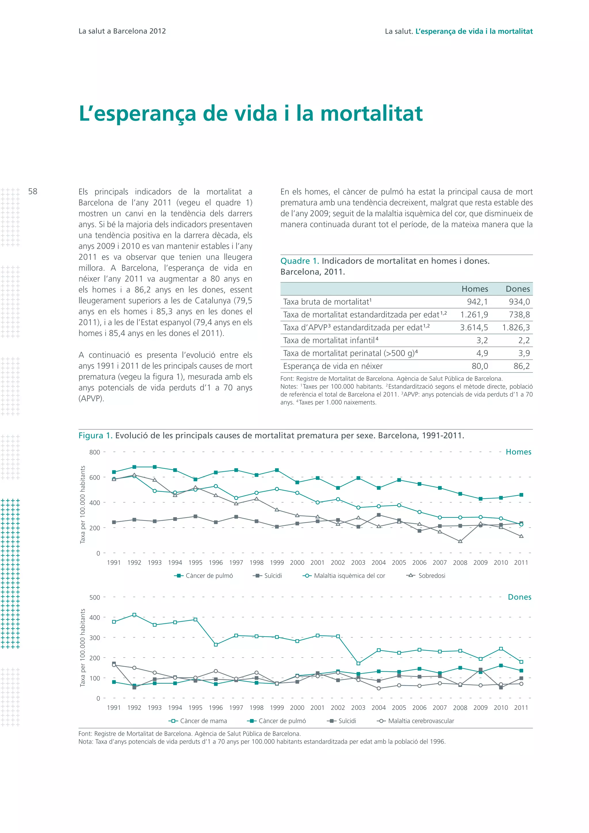 58
La salut. L’esperança de vida i la mortalitat
L’esperança de vida i la mortalitat
Els principals indicadors de la mortalitat a
Barcelona de l’any 2011 (vegeu el quadre 1)
mostren un canvi en la tendència dels darrers
anys. Si bé la majoria dels indicadors presentaven
una tendència positiva en la darrera dècada, els
anys 2009 i 2010 es van mantenir estables i l’any
2011 es va observar que tenien una lleugera
millora. A Barcelona, l’esperança de vida en
néixer l’any 2011 va augmentar a 80 anys en
els homes i a 86,2 anys en les dones, essent
lleugerament superiors a les de Catalunya (79,5
anys en els homes i 85,3 anys en les dones el
2011), i a les de l’Estat espanyol (79,4 anys en els
homes i 85,4 anys en les dones el 2011).
A continuació es presenta l’evolució entre els
anys 1991 i 2011 de les principals causes de mort
prematura (vegeu la figura 1), mesurada amb els
anys potencials de vida perduts d’1 a 70 anys
(APVP).
En els homes, el càncer de pulmó ha estat la principal causa de mort
prematura amb una tendència decreixent, malgrat que resta estable des
de l’any 2009; seguit de la malaltia isquèmica del cor, que disminueix de
manera continuada durant tot el període, de la mateixa manera que la
La salut a Barcelona 2012
Quadre 1. Indicadors de mortalitat en homes i dones.
Barcelona, 2011.
	 Homes	Dones
Taxa bruta de mortalitat1
	 942,1	934,0
Taxa de mortalitat estandarditzada per edat1,2
	1.261,9	 738,8
Taxa d’APVP3
estandarditzada per edat1,2
	 3.614,5	1.826,3
Taxa de mortalitat infantil4
	 3,2	2,2
Taxa de mortalitat perinatal (>500 g)4
	 4,9	3,9
Esperança de vida en néixer	 80,0	 86,2
Font: Registre de Mortalitat de Barcelona. Agència de Salut Pública de Barcelona.
Notes: 1
Taxes per 100.000 habitants. 2
Estandardització segons el mètode directe, població
de referència el total de Barcelona el 2011. 3
APVP: anys potencials de vida perduts d’1 a 70
anys. 4
Taxes per 1.000 naixements.
Figura 1. Evolució de les principals causes de mortalitat prematura per sexe. Barcelona, 1991-2011.
Font: Registre de Mortalitat de Barcelona. Agència de Salut Pública de Barcelona.
Nota: Taxa d’anys potencials de vida perduts d’1 a 70 anys per 100.000 habitants estandarditzada per edat amb la població del 1996.
0
500
400
300
200
100
2002 2004 2006 2008 201120102001 2003 2005 2007 200920001992 1994 1996 19981991 1993 1995 1997 1999
Dones
Taxaper100.000habitants
0
800
600
400
200
2002 2004 2006 2008 201120102001 2003 2005 2007 200920001992 1994 1996 19981991 1993 1995 1997 1999
Homes
Taxaper100.000habitants
Malaltia cerebrovascularCàncer de mama Càncer de pulmó Suïcidi
Malaltia isquèmica del corCàncer de pulmó Suïcidi Sobredosi
 