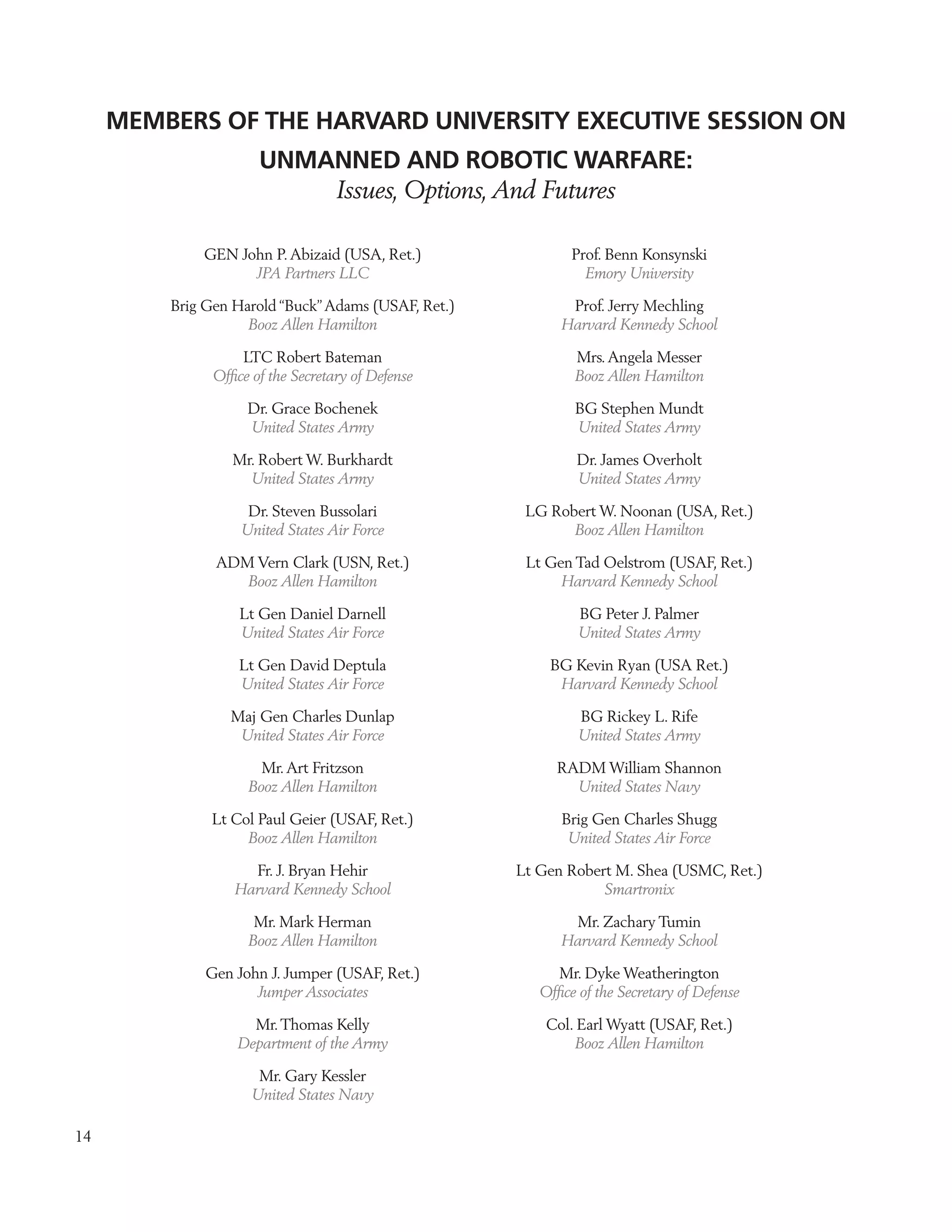 MEMBERS OF THE HARVARD UNIVERSITY EXECUTIVE SESSION ON
                      UNMANNED AND ROBOTIC WARFARE:
                          Issues, Options, And Futures

             GEN John P. Abizaid (USA, Ret.)                 Prof. Benn Konsynski
                   JPA Partners LLC                            Emory University

         Brig Gen Harold “Buck” Adams (USAF, Ret.)          Prof. Jerry Mechling
                    Booz Allen Hamilton                    Harvard Kennedy School

                   LTC Robert Bateman                        Mrs. Angela Messer
               Ofﬁce of the Secretary of Defense             Booz Allen Hamilton

                    Dr. Grace Bochenek                       BG Stephen Mundt
                    United States Army                       United States Army

                  Mr. Robert W. Burkhardt                     Dr. James Overholt
                    United States Army                        United States Army

                    Dr. Steven Bussolari              LG Robert W. Noonan (USA, Ret.)
                   United States Air Force                  Booz Allen Hamilton

               ADM Vern Clark (USN, Ret.)             Lt Gen Tad Oelstrom (USAF, Ret.)
                  Booz Allen Hamilton                      Harvard Kennedy School

                   Lt Gen Daniel Darnell                      BG Peter J. Palmer
                   United States Air Force                    United States Army

                   Lt Gen David Deptula                  BG Kevin Ryan (USA Ret.)
                   United States Air Force                Harvard Kennedy School

                 Maj Gen Charles Dunlap                       BG Rickey L. Rife
                  United States Air Force                     United States Army

                      Mr. Art Fritzson                    RADM William Shannon
                    Booz Allen Hamilton                     United States Navy

              Lt Col Paul Geier (USAF, Ret.)               Brig Gen Charles Shugg
                   Booz Allen Hamilton                      United States Air Force

                    Fr. J. Bryan Hehir               Lt Gen Robert M. Shea (USMC, Ret.)
                  Harvard Kennedy School                         Smartronix

                     Mr. Mark Herman                        Mr. Zachary Tumin
                    Booz Allen Hamilton                    Harvard Kennedy School

              Gen John J. Jumper (USAF, Ret.)             Mr. Dyke Weatherington
                     Jumper Associates                  Ofﬁce of the Secretary of Defense

                     Mr. Thomas Kelly                    Col. Earl Wyatt (USAF, Ret.)
                   Department of the Army                    Booz Allen Hamilton

                      Mr. Gary Kessler
                     United States Navy

14
 