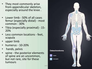 • They most commonly arise
from appendicular skeleton,
especially around the knee .
• Lower limb - 50% of all cases
femur (especially distal) - most
common : 30%
• Tibia (especially proximal) - 15-
20%
• Less common locations - feet,
scapula
• upper limb
• humerus - 10-20%
• hands, pelvis
• spine - the posterior elements
of spine are an uncommon,
but not rare, site for these
tumours
UMY
 