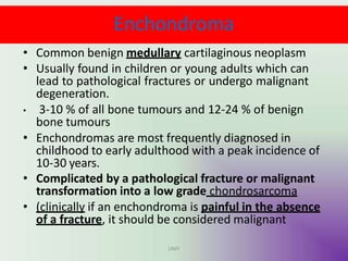 Enchondroma
UMY
• Common benign medullary cartilaginous neoplasm
• Usually found in children or young adults which can
lead to pathological fractures or undergo malignant
degeneration.
• 3-10 % of all bone tumours and 12-24 % of benign
bone tumours
• Enchondromas are most frequently diagnosed in
childhood to early adulthood with a peak incidence of
10-30 years.
• Complicated by a pathological fracture or malignant
transformation into a low grade chondrosarcoma
• (clinically if an enchondroma is painful in the absence
of a fracture, it should be considered malignant
 