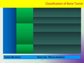 Primary
Bone
Tumor
Tumor from
Bone Tissue
benign
Osteochondroma, Giant cell tumor,
Osteoma, Chondroma,
Chondroblastoma
malignant
Osteosarcoma, Chondrosarcoma,
Fibrosarcoma
Tumor from
Bone
Affiliated
Tissue
benign Osteoangioma, Odontogenic tumor
(exp. Adamantinoma)
malignant
Ewing's sarcoma, Reticulum cell
sarcoma of bone, Notochordoma,
Myeloma
Metastatic
Tumor
Carcinoma,
Sarcoma,
Neuroblastoma
Carcinoma, Sarcoma, Neuroblastoma
Classification of Bone Tumor
UMY
Tumor-like lesion Bone cyst, Fibrous dysplasia
 