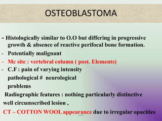 OSTEOBLASTOMA
UMY
- Histologically similar to O.O but differing in progressive
growth & absence of reactive perifocal bone formation.
- Potentially malignant
- Mc site : vertebral column ( post. Elements)
- C.F : pain of varying intensity
pathological # neurological
problems
Radiographic features : nothing particularly distinctive
well circumscribed lesion ,
CT – COTTON WOOLappearance due to irregular opacities
 