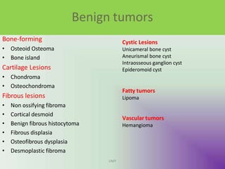 Benign tumors
UMY
Bone-forming
• Osteoid Osteoma
• Bone island
Cartilage Lesions
• Chondroma
• Osteochondroma
Fibrous lesions
• Non ossifying fibroma
• Cortical desmoid
• Benign fibrous histocytoma
• Fibrous displasia
• Osteofibrous dysplasia
• Desmoplastic fibroma
Cystic Lesions
Unicameral bone cyst
Aneurismal bone cyst
Intraosseous ganglion cyst
Epideromoid cyst
Fatty tumors
Lipoma
Vascular tumors
Hemangioma
 