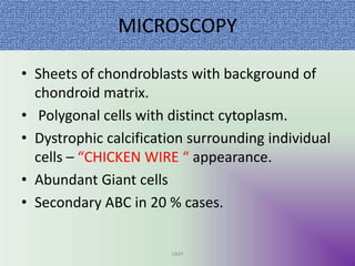 MICROSCOPY
• Sheets of chondroblasts with background of
chondroid matrix.
• Polygonal cells with distinct cytoplasm.
• Dystrophic calcification surrounding individual
cells – “CHICKEN WIRE “ appearance.
• Abundant Giant cells
• Secondary ABC in 20 % cases.
UMY
 