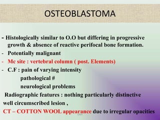 OSTEOBLASTOMA
- Histologically similar to O.O but differing in progressive
growth & absence of reactive perifocal bone formation.
- Potentially malignant
- Mc site : vertebral column ( post. Elements)
- C.F : pain of varying intensity
pathological #
neurological problems
Radiographic features : nothing particularly distinctive
well circumscribed lesion ,
CT – COTTON WOOL appearance due to irregular opacitiesUMY
 